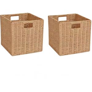 Foldable Wicker Storage Baskets,Paper Rope Square Storage Cubes,Wicker Basket for Organizing Shelves Living Room Bedroom Pantry, Set of 2 Baskets,11''x11''x11''