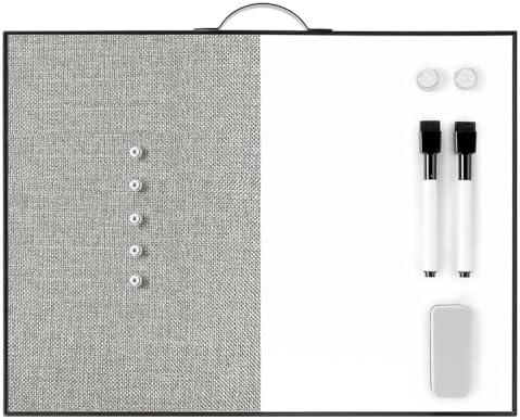 Small White Board Cork-Board Combo - 16 X 12 inches Gray Linen Board & Magnetic Dry Erase Board for Wall, Mini Bulletin Cork Board with Holder for Office, Home and School