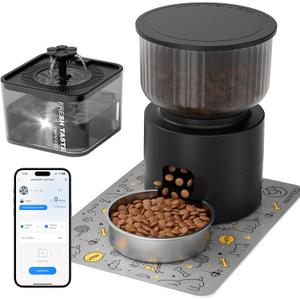 PAPIFEED Automatic Cat Feeder and Water Fountain, 3L/12 Cups 2.4G WiFi Pet Feeder with Stainless Steel Bowl, Smart APP Control for Remote Feeding, 1-12 Meals Per Day, Detachable for Easy Clean (Black)