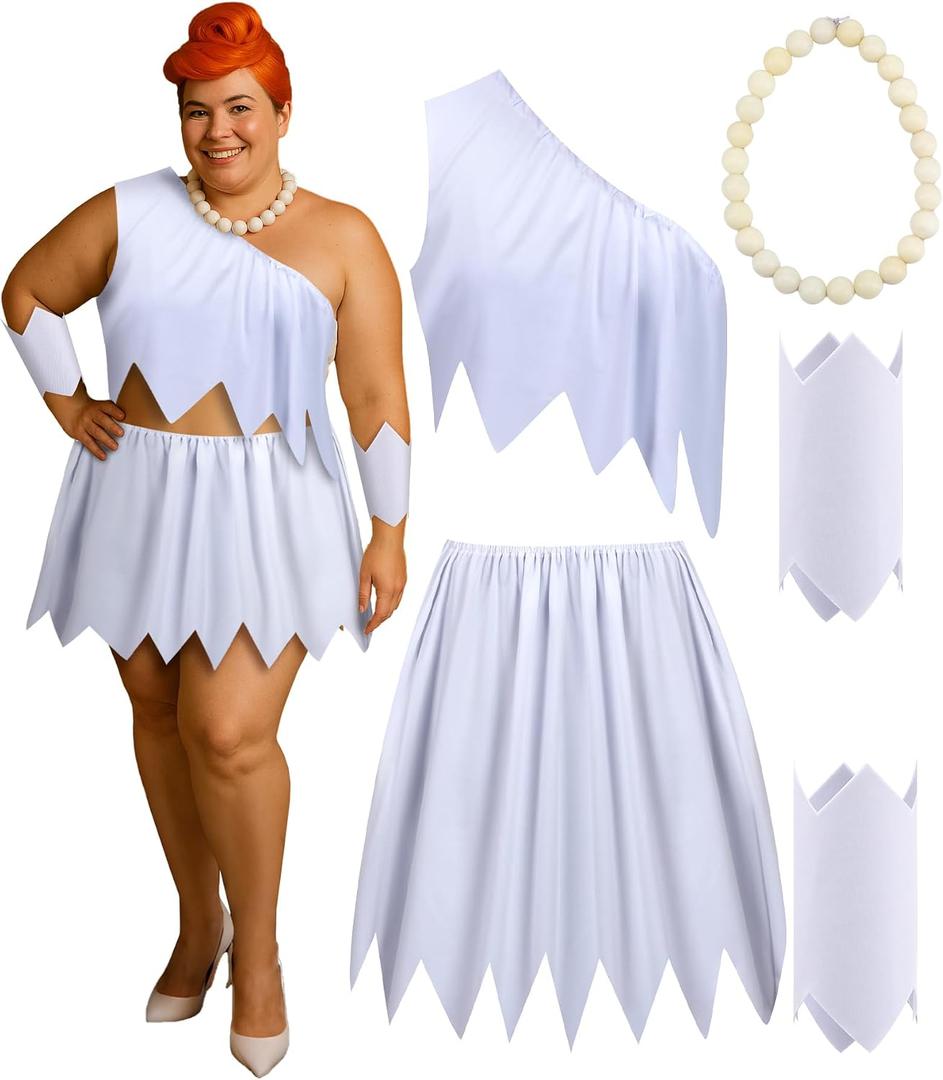 Mepase Plus Size 5 Pack Cave Woman White Costume Set for Women, Prehistoric Retro Cosplay Outfit with Pebble Necklace, Classic Cartoon Style Halloween Party Dress, Vintage Animated Character Look (White)
