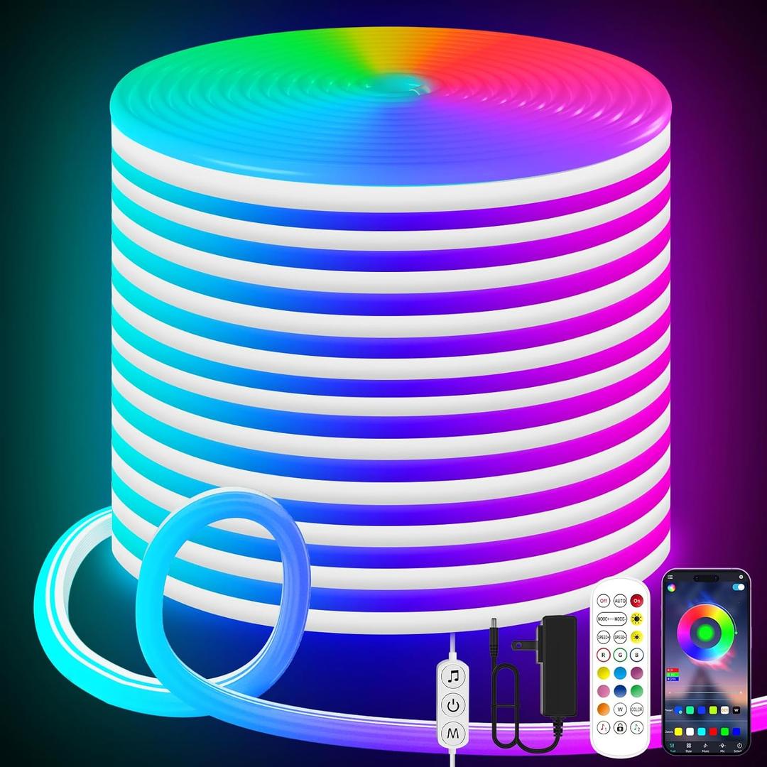 KANTUTOE LED Neon Rope Lights, 19.68ft RGB LED Light Strip, 24V Music Sync App/Remote Control DIY Rope Light, IP67 Waterproof Gaming Neon Strip Lights for Bedroom Indoor Oudoor Dcor