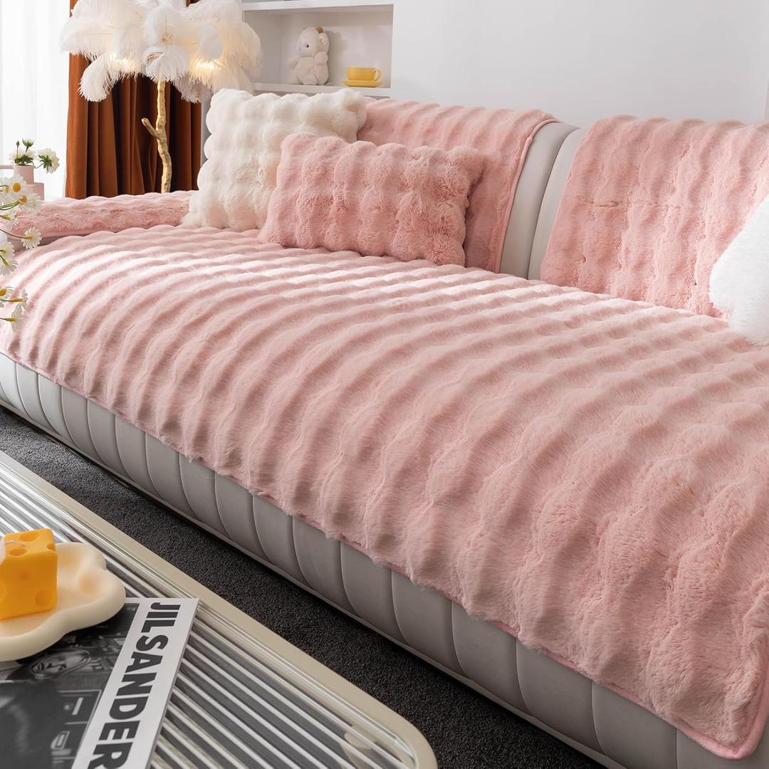 Faux Fur Couch Cover, Soft Warm Plush Sofa Couch Cover, Non Slip Sectional Sofa Slipcovers, Washable Furniture Protector for Kids, Dogs, L Shaped Armrest Backrest Cover(Pink, 28"28")