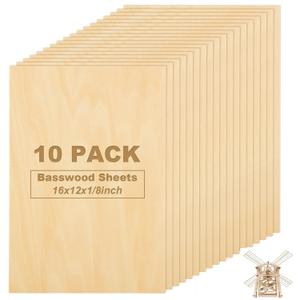 10Pcs 16 x 12 x 1/8 Inch Basswood Sheets, Unfinished Wood Boards, 3mm Basswood for Laser Cutting, Arts and Crafts, Painting, Pyrography, Wood Engraving, Architectural Models
