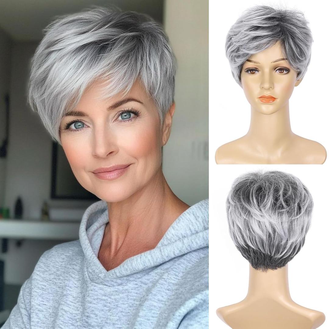 BECUS Gray Hair Topper with Clip in Bangs for Thinning Hair Women, Silver Gray Blend on Dark Base, Daily Wear Hairpiece