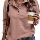 SHEWIN Women's Casual Long Sleeve Stand Neck Sweatshirt Lightweight Button Drawstring Pullover Tops (Large)