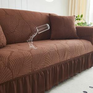 WONGS BEDDING Stretch Velvet Sofa Slipcover, Cushion Couch Cover with Skirt, Pet Friendly Durable Washable Stretchable, Easy Fit Universal Furniture Protector, (66"-90",Brown)