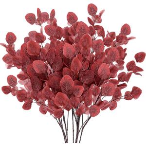 Sggvecsy Artificial Eucalyptus Leaves, 6 Pieces, 35.43 Inch Long, Red Color, Plastic and Silk Material, Easy to Bend and Adjust