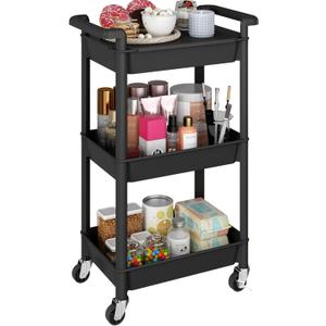 Steehoom 3-Tier Utility Rolling Cart with Cover Top Board, Mobile Utility Cart with Lockable Casters Multi-Functional Storage Trolley for Office, Bathroom, Kitchen, Garden, Laundry Room (Black)