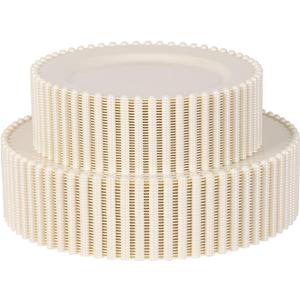 60 Pcs Ivory Plates, Beaded Design Disposable Plastic Plates, Fancy Party Dishes 7.5 inch Dessert Plate and 10 inch Dinner Plate for Party, Bridal Shower