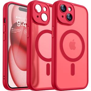 CANSHN Magnetic for iPhone 15 Case, Upgraded [Full Camera Protection] [Compatible with Magsafe] [Translucent Matte] Shockproof Protective Phone Case for iPhone 15 6.1" - Red