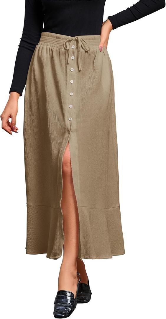 MAKABO Women's Maxi Pleated Skirt with Pockets, High Waisted A Line Long Skirts Button Down Business Casual Outfits (M)