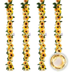 4 Pack Sunflower Garland Decor,7.5ft Artificial Sunflower Vines with Lights,Hanging Fake Silk Sunflowers Garland for Table Centerpieces Wedding Party Birthday Decorations