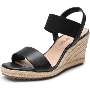 DREAM PAIRS Womens Open Toe Espadrilles Dressy Platform Sandals Slip on Elastic Ankle Strap Wedges Sandals (7.5, Black-pu)