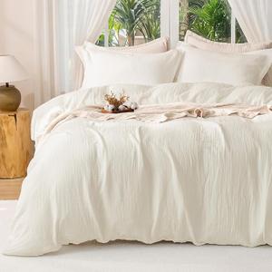 PHF Muslin Duvet Cover King Size, Cotton Blend Viscose Derived from Bamboo for Summer, 3-Layer Soft & Breathable Textured Gauze, Skin-Friendly Minimalist Comforter Cover Set, 104"x90", White
