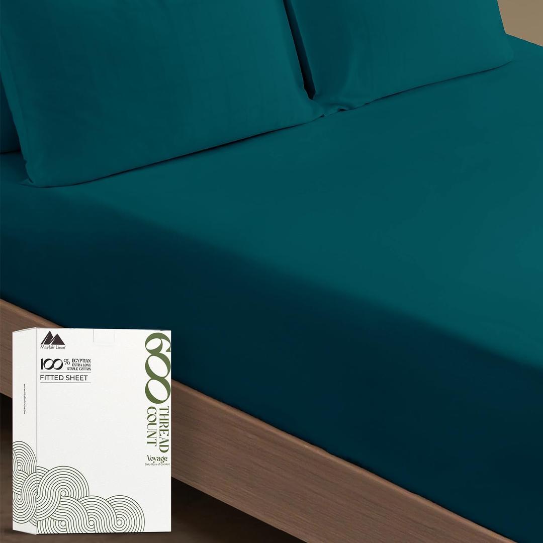 Mayfair Linen 100% Egyptian Cotton Full Size Fitted Sheet Only - Luxury 600 Series Voyage Collection 16" Deep Pocket Full Size Fitted Sheet (Teal), Soft, Cooling Sateen Weave Hotel Bottom Sheets