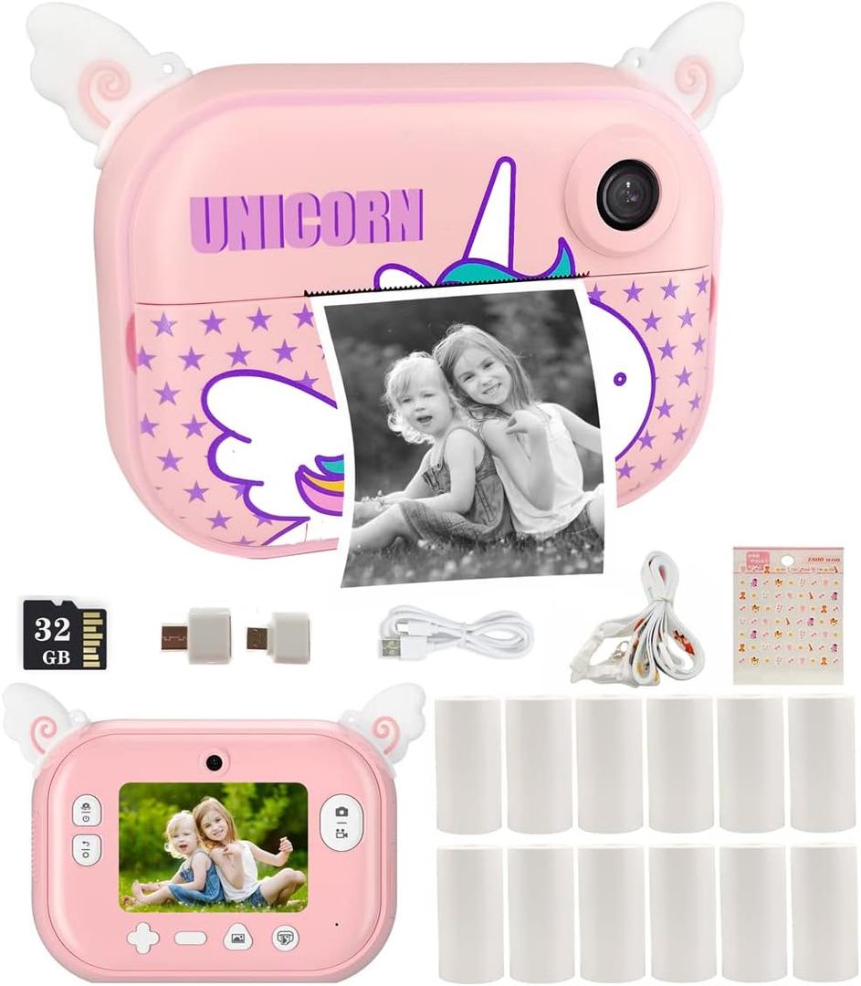 Instant Print Camera for Kids with 12 Rolls Refill Paper, Digital Camera for Girls Christmas Birthday Gifts, 32G SD Card (Light Pink)