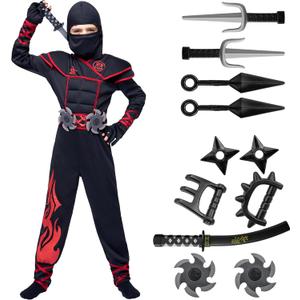 Spooktacular Creations Ninja Costume Kids, Muscle Ninja Deluxe Set, Toddler Unisex Kungfu Halloween Costumes with Foam Accessories for Halloween Themed Parties, Red, Small