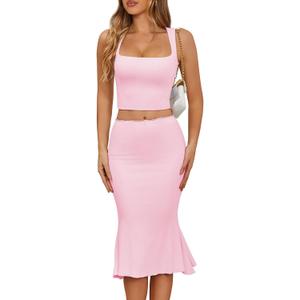 CHYRII Womens Two Piece Sets Sleeveless Squre Neck Cropped Top Bodycon Midi Skirt Midi Dress Outfit (Medium, Pink-7164)
