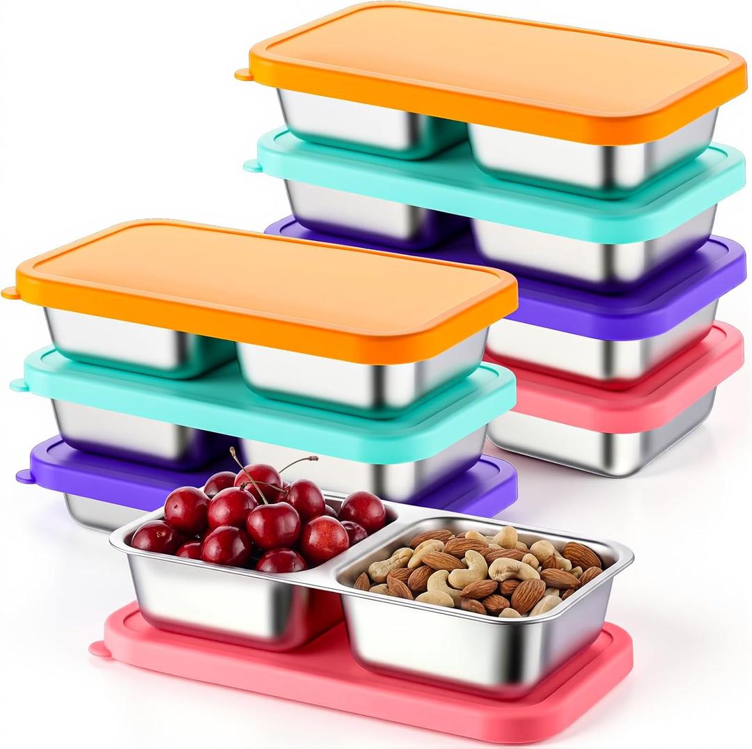 FoldTier 8 Pack 2-Compartment Stainless Steel Snack Containers Include 8 Silicone Lids and 8 Box Bodies Reusable Stackable Box for Adult Work, Travel & Camping 7.9 x 4.1 x 1.6 Inch (Rainbow)