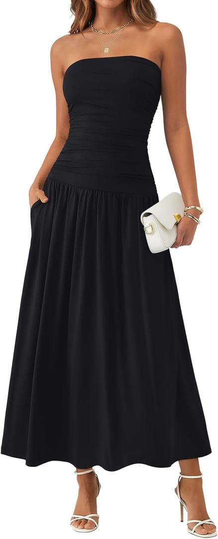 Trendy Queen Women Maxi Strapless Summer Tube Top Dress 2026 Ruched A Line Wedding Guest Long Sundress Spring Beach Outfit Black M