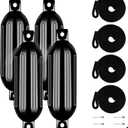 VEITHI Boat Fenders Black 4 Pack, Ribbed Twin Eyes Vinyl Boat Fenders Bumpers, Boat Bumpers for Docking Come with Ropes Needles and Pump to Inflate, Small Bumpers of Boats 4.5 x 16 inch