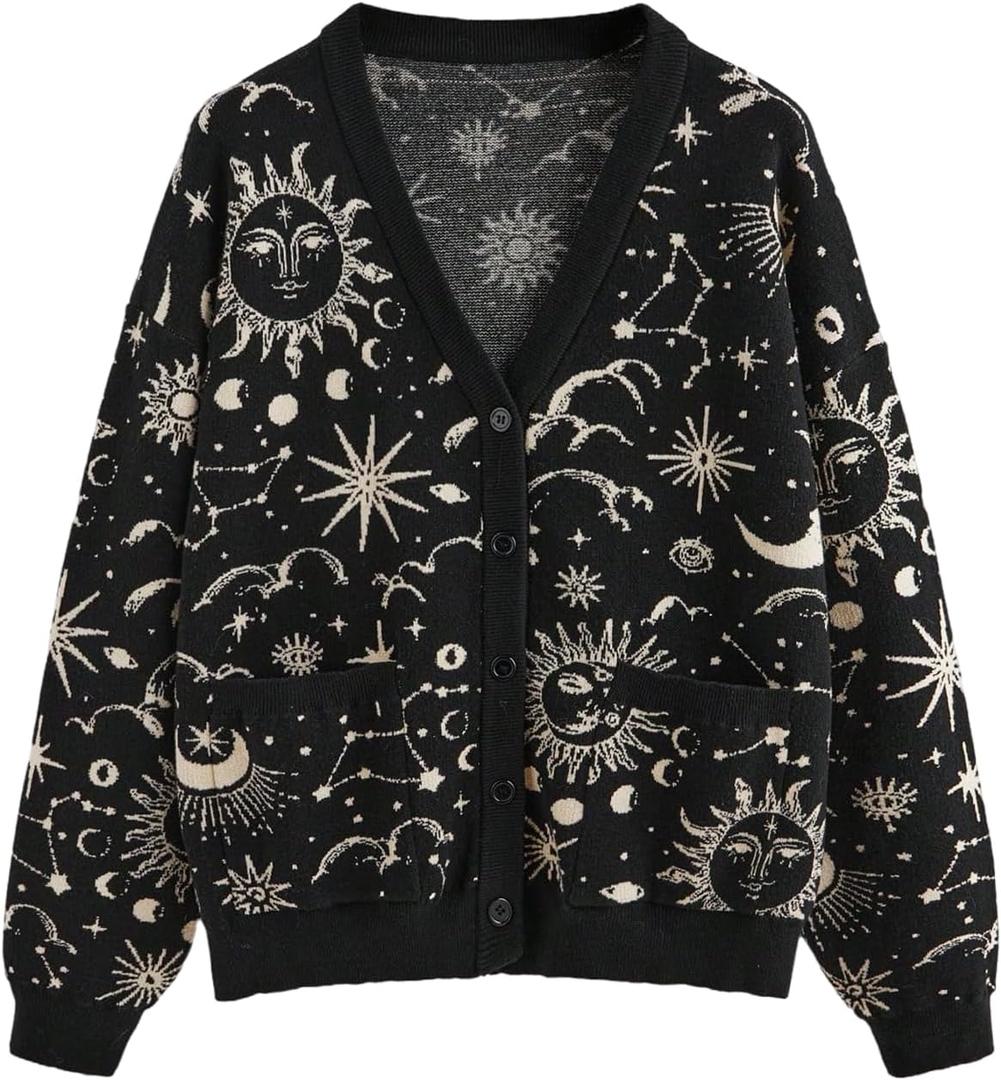 Women's Plus Size Boho Printed Cardigan Sweaters Button Up V Neck Long Sleeve Grunge Punk Knit Tops Hippie Outerwear (4X-Large Plus, Black)