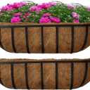 2 Packs Planter Box for Deck Railing 24" Black Metal Hanging Planter Basket with Coco Coir Liner Metal Window Planter Plant Holder Flower Pots