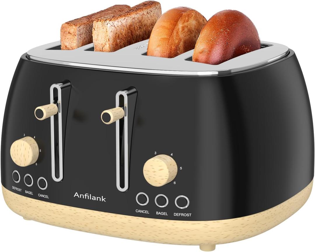 Anfilank Toaster 4 Slice,Retro Stainless Steel Toaster with Extra Wide Slots, Dual Independent Control Panel, Cancel, Bagel, Defrost Function, Removable Crumb Tray, Matt Black