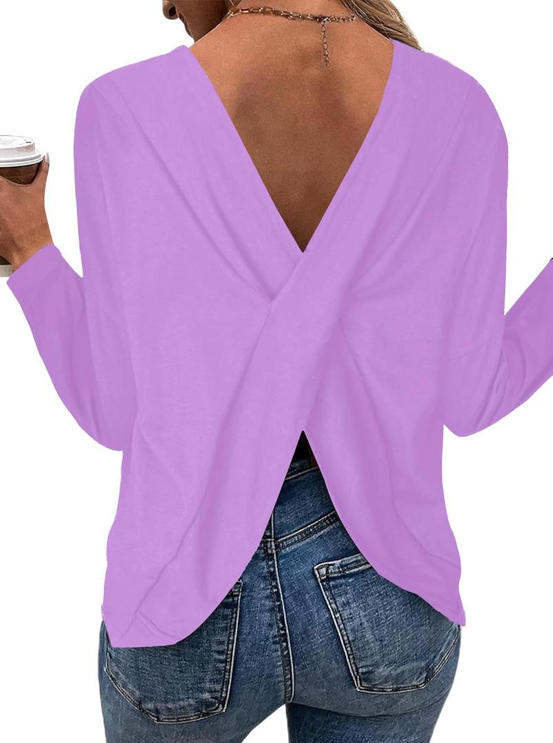 LilyCoco Long Sleeve Open Back Tops for Women Sexy Criss Cross Oversized Tshirts Purple Small (Purple, S)