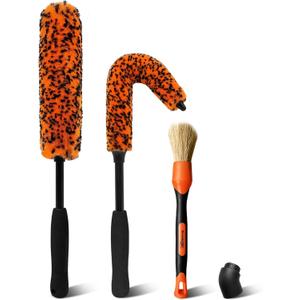 YeewayVeh 3PCS Quick Car Wheel Brush Kit, 2-Size 360 Bendale Rim Cleaner Brushes, Boars Hair Detailing Brush, Fast Scratch-Free Cleaning for Car Wheels, Motorcycle, Orange