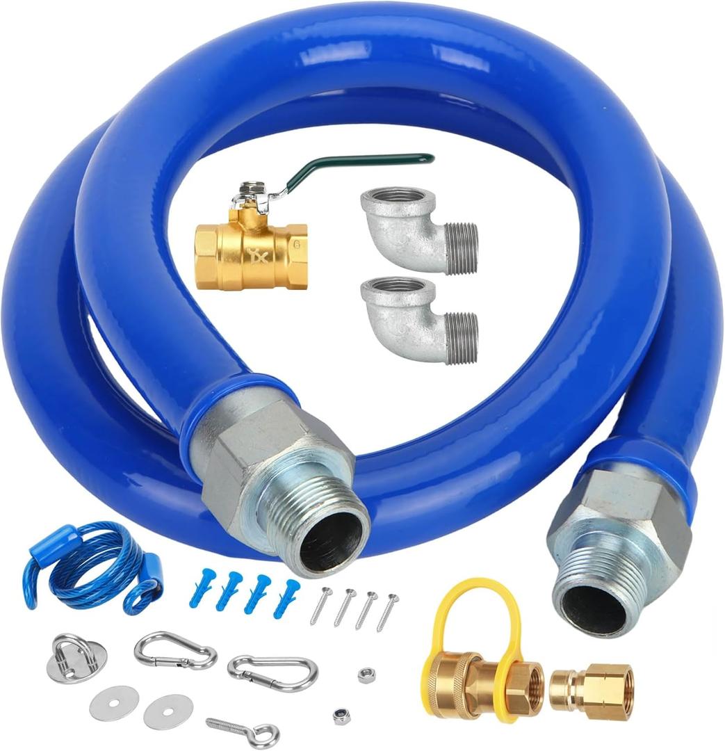 1675kit48 Safety System Kit, 48" Commercial Gas Hose Connector Kit with 3/4" Quick Disconnect, Gas Hose for Kitchen Equipment Commercial Standard Gas Connector, Full Port Valve, Restraining Devices, Blue