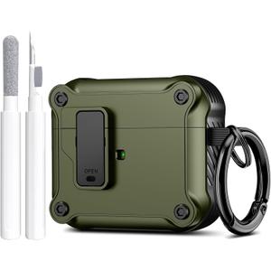 Maxjoy for Airpods 3rd Generation Case, Carbon Fiber Secure Lock Clip Full Body Shockproof Hard Shell Protective for Airpods 3 Case Cover with Keychain for AirPod 3rd Gen 2021 for Men, Military Green