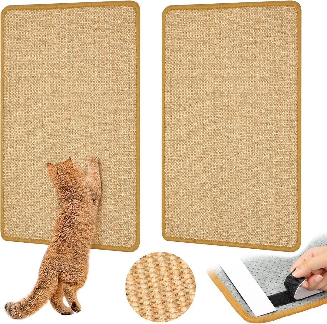 Carpet Cat Scratching Mat Sisal, 2 Packs Sisal Fabric Large 23.6" x 15.7" Scratching Pad for Indoor Cats with Adhesive Hook Loop Tape, Cat Scratching Rug Wall Scratchers for Indoor (Natural)