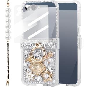 for Samsung Galaxy Z Flip 7 Case 3D Cute Handmade Sparkle Stunning Stones Crystal Diamond Bling Glitter Cover with Strap Hinge Protection & Screen Protector Case