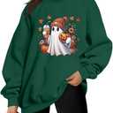 MNLYBABY Halloween Sweatshirts Women Cute Ghost Shirt: Oversized Coffee Lover Fall Pumpkin Sweater Spooky Hoodie Top (Green, S)