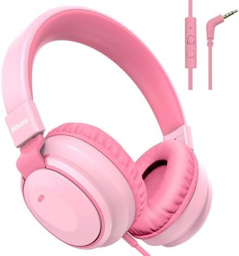 Mokata Headphone Kids Volume Limited 85/96dB Wired Over-Ear/On-Earr Foldable Headset with Inline Cable Aux 3.5mm Cord Mic for Boy Girl Child School PC Notebook Tablet Pink
