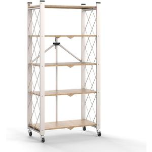 Hershii 5 Tier Foldable Storage Shelves with Wheels - Metal Collapsible Shelving Unit Display, Heavy Duty No Assembly Organizer Shelf for Garage, Kitchen, Basement, Pantry Light Brown
