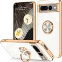 Dinick for Google Pixel 7 Pro Case with Ring Holder Kickstand, Soft TPU Gold Plated Cover, Anti-Scratch, Shockproof Protection, Slim, Magnetic Stand Case for Google Pixel 7 Pro, White