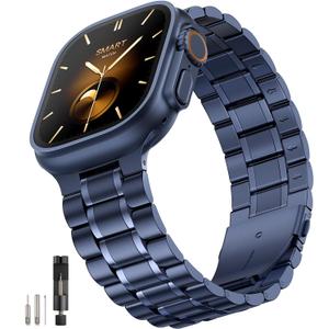 Bestig Compatible with Apple Watch Bands for Men Women 49mm 46mm 45mm 44mm 42mm(Series 3 2 1), Stainless Steel Metal Business Wristband Strap for iWatch Ultra Series 11 10 9 8 7 6 SE 5 4, Blue (Matte Blue/Polished Blue(No Case))