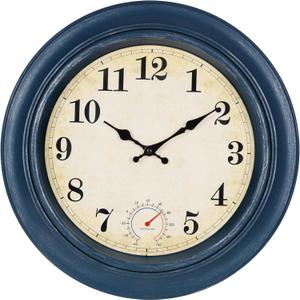 Large Outdoor Clocks Waterproof with Thermometer Combo Rustic Coastal Wall Clock Decor for Patio Pool Bathroom (18 Inch,Blue)