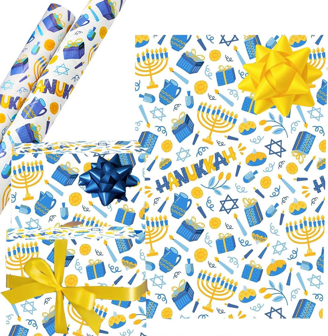 3 x The Dreidel Company Happy Hanukkah Hanukkah Design Gift Wrap Paper Chanukah 17.5" X 180" In, 15 Ft. Long Each, 2 Rolls