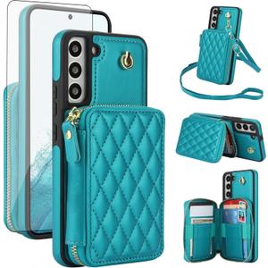 Phone Case for Samsung Galaxy S22 5G Wallet Cell Cover with Tempered Glass Screen Protector Wrist Crossbody Strap Stand RFID Blocking Credit Card Holder Slot S 22 22S 4G G5 6.1 inch Women Girls Green