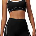 OMEWEE Yoga sets for women 2 piece Fashion contrasting lines Sports Bra and Tummy Control Butt-lifting Shorts, Medium