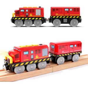 Battery Powered Locomotive Train Toy for Wooden Track, Motorized Fire Truck Car with Light&Sound Fit for Brio Train Railway Gift for Toddlers Boys Girls