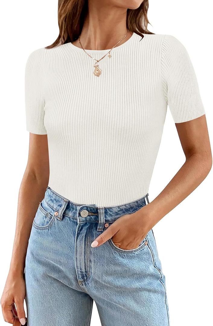 MEROKEETY Women's Short Sleeve Crewneck Bodysuits Summer Ribbed Knit Tops Slim Fit Body Suit (Large, White)