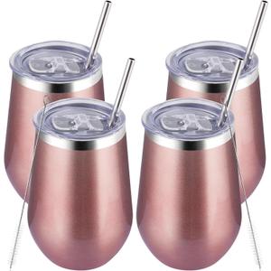 MEWAY Stainless Steel Wine Tumbler with Lid and Straw 12oz - Stemless Insulated Wine Cup Glasses for Coffee, Cocktails, Drinks, Champagne and Office Use, Ideal for Parties and Gifts (Rose Gold, Set of 4)