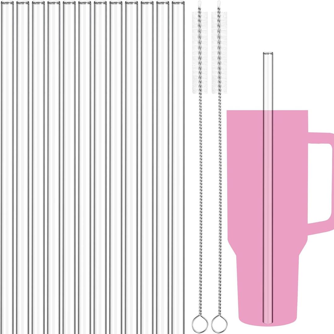 NiHome 12PCS Clear Glass Reusable Straws Fit for Stanley H2.0 40oz Tumbler with 2 Brushes, 12 Long, 0.4/10mm Diameter, Enhances Drinking Experience Prevents Spills, Dishwasher Safe, Heat-Resistant