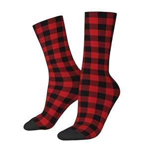 zhedongsj Checkered Christmas Black Red Plaid Novelty Crew Athletic Sport Socks Funny Crazy Casual Cool Dress Socks Gifts For Women Men