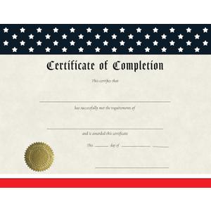 Patriotic Certificate of Completion with Embossed Gold Foil Seals - 30 Pack - Award Certificate Paper for Students, Teachers, Employees - 8.5" x 11" Inkjet/Laser Printable