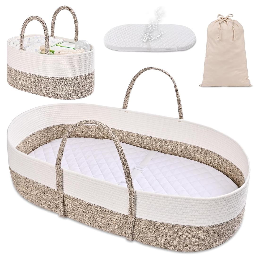 Changing Baskets Set,Moses Basket with Pad and Diaper Caddy,Set of 2 Baskets,Portable Cotton Rope Woven Basket,Replaceable Pad,Gifts for Newborn 28.7" x 15.7" x 7.8"Brown